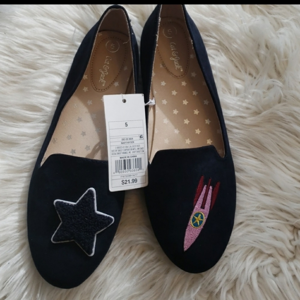 NWT CAT & JACK Black Flats w/Rocket & Star, Size 5 - Picture 2 of 4